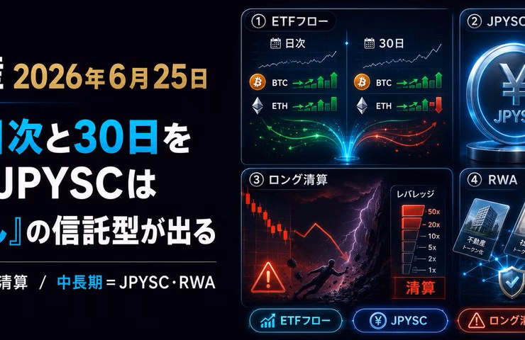 暗号資産2026年6月25日｜ETFは日次と30日を分ける。JPYSCは「上限なし」の信託型が出る