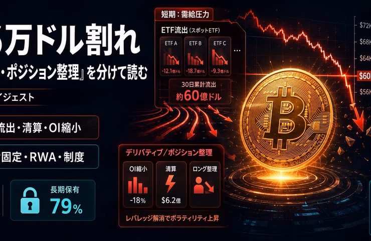 BTCは6万ドル割れ──「ETF流出・供給固定・ポジション整理」を分けて読む（6/27 暗号資産ダイジェスト）