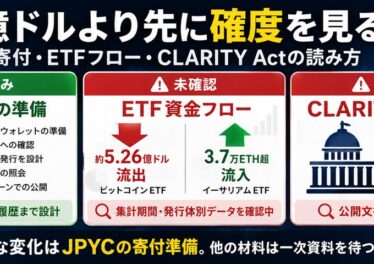 「5.26億ドル」より先に確度を見る——JPYC寄付・ETFフロー・CLARITY Actの読み方 8 x article 2082618488242446336