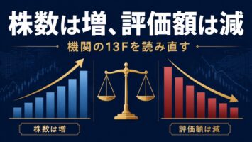 機関の13Fを「株数」で読むと逆になる──IBIT・MSBT・Circle保有の増減を評価額で見直す 3 株数増と評価額減の対比を表すアイキャッチ