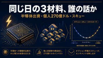 NVIDIAのSB Energy出資と個人270億ドル、コールスキュー──同じ日の3材料を「誰の話か」で分けて読む 3 半導体出資・個人資金・オプションスキューを表すアイキャッチ