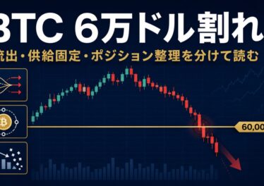 BTCは6万ドル割れ──「ETF流出・供給固定・ポジション整理」を分けて読む(6/27 暗号資産ダイジェスト) 3 BTC6万ドル割れを表すアイキャッチ