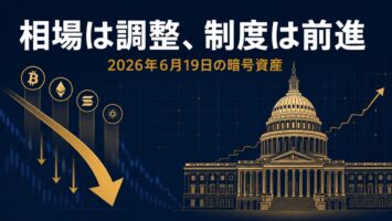 暗号資産2026年6月19日|相場は調整、制度は前進。同じ日の材料を「時間軸」で分けて読む 5 相場は調整、制度は前進を表すアイキャッチ