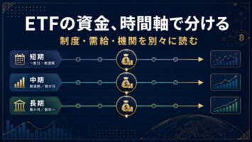 暗号資産ETF、BTCだけを見ると資金の向きがぼやける──制度・需給・機関を時間軸で分ける(2026/6/23) 3 ETF資金を時間軸で分けるアイキャッチ