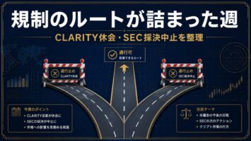暗号資産規制は「会議が増えた週」ではなく「ルートが詰まった週」──CLARITY法案休会とSEC採決中止を整理 3 規制ルートの停滞を表すアイキャッチ