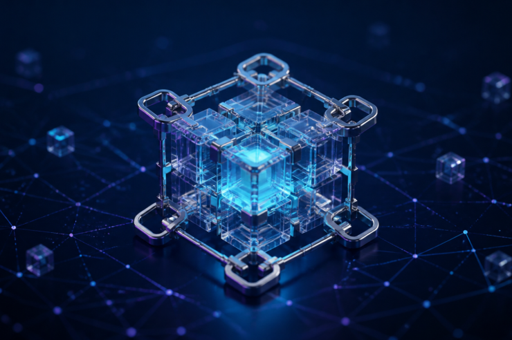 暗号資産とブロックチェーンを表現した抽象的なニュース用アイキャッチ