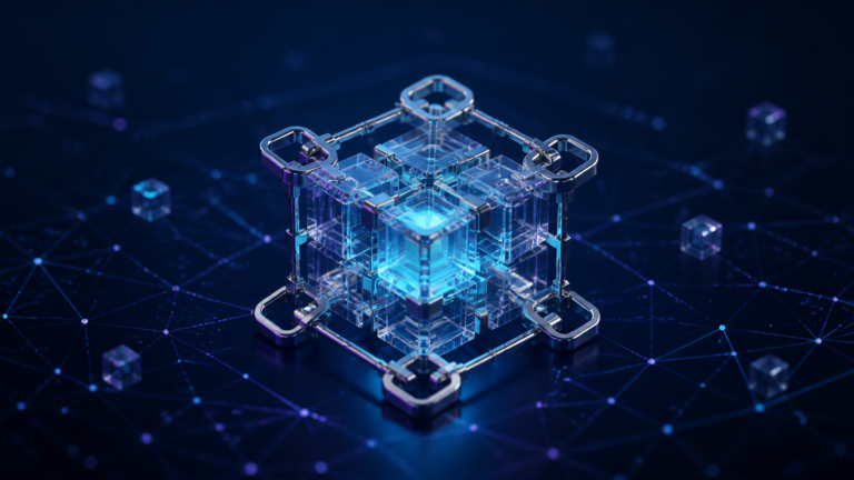 暗号資産とブロックチェーンを表現した抽象的なニュース用アイキャッチ