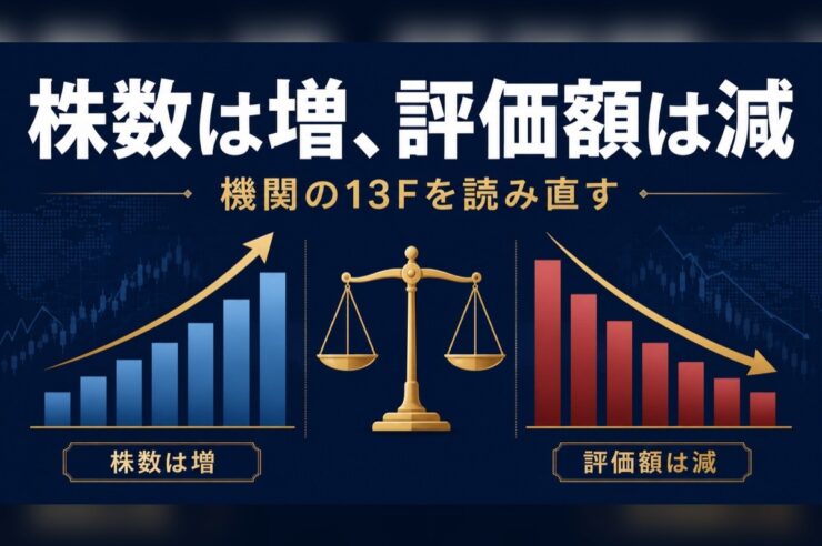 株数増と評価額減の対比を表すアイキャッチ