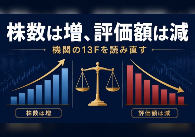 機関の13Fを「株数」で読むと逆になる──IBIT・MSBT・Circle保有の増減を評価額で見直す 1 株数増と評価額減の対比を表すアイキャッチ