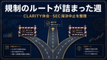 暗号資産規制は「会議が増えた週」ではなく「ルートが詰まった週」──CLARITY法案休会とSEC採決中止を整理 5 規制ルートの停滞を表すアイキャッチ