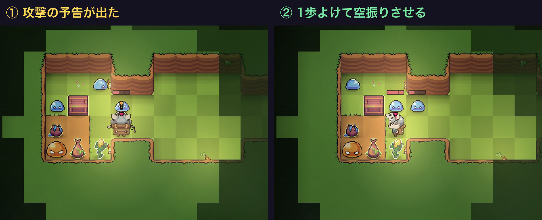 MoGのArcadeを1キーで10階クリア。雑魚は「かわして2発」、ボスは「角」に立つ 3 攻撃予告(左)と、1歩よけた後(右)