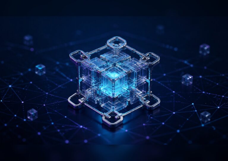 暗号資産とブロックチェーンを表現した抽象的なニュース用アイキャッチ