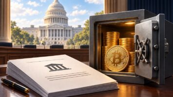米国議会の法案審議とビットコイン保管を表すイメージ