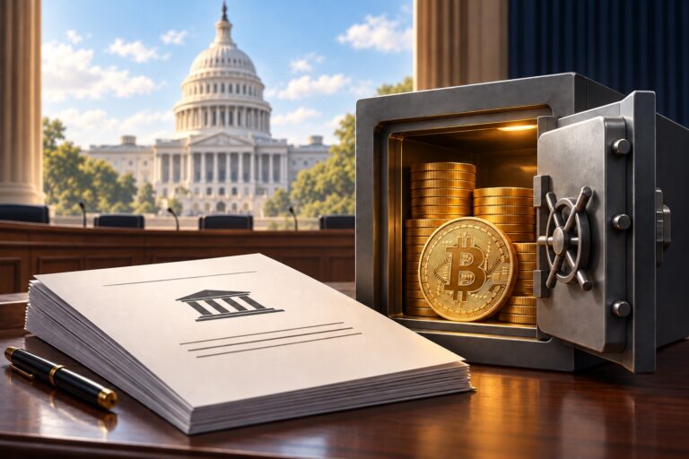 米国議会の法案審議とビットコイン保管を表すイメージ