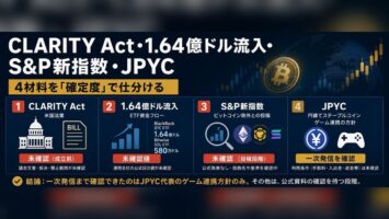 CLARITY Act・1.64億ドル流入・S&P新指数・JPYC——4材料を「確定度」で仕分ける 2 x article 2080085817025015808 fit